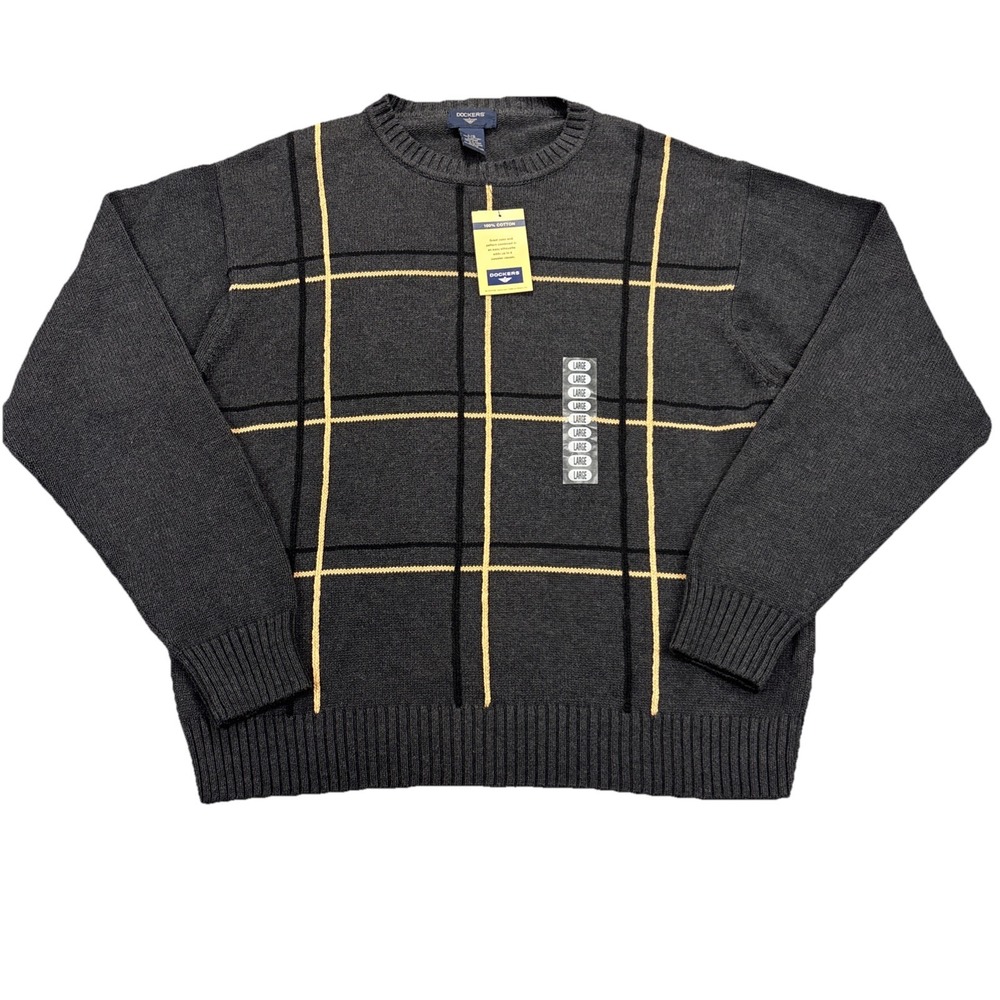 New Dockers Sweater Mens L Charcoal Crewneck Long Sleeve Textured Preppy Stretch